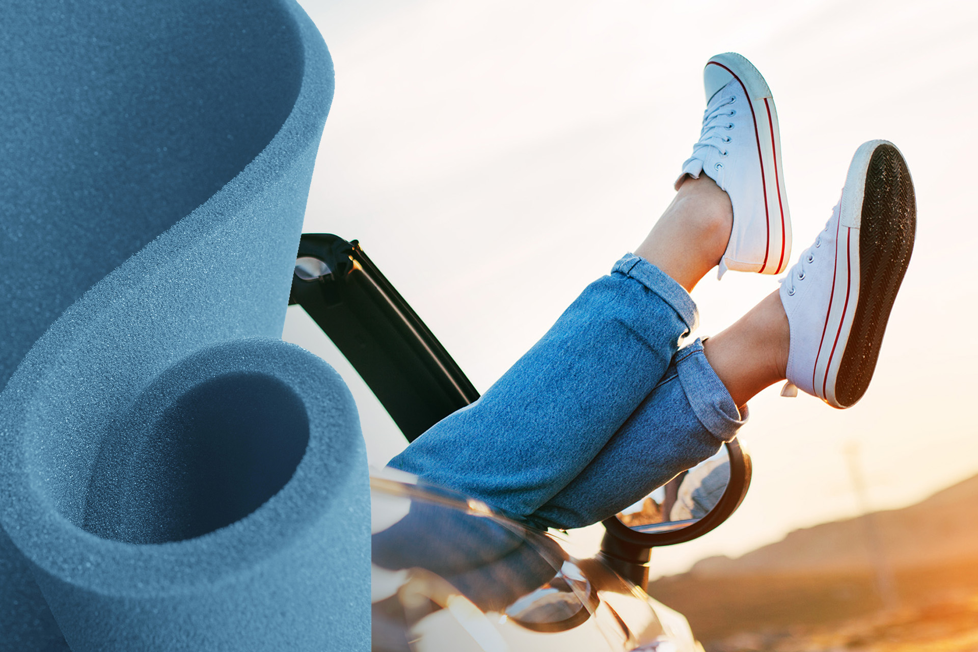 A roll of blue open cell PU foam to the left. To the right, a pair of legs in jeans wearing white sneakers raised over the door of a convertible