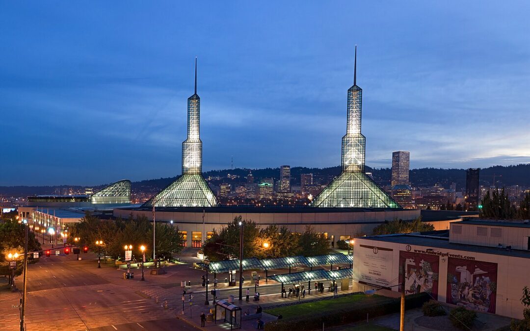 an aerial view of the Oregon Convention Center, where the Northwest Materials Show is held.
